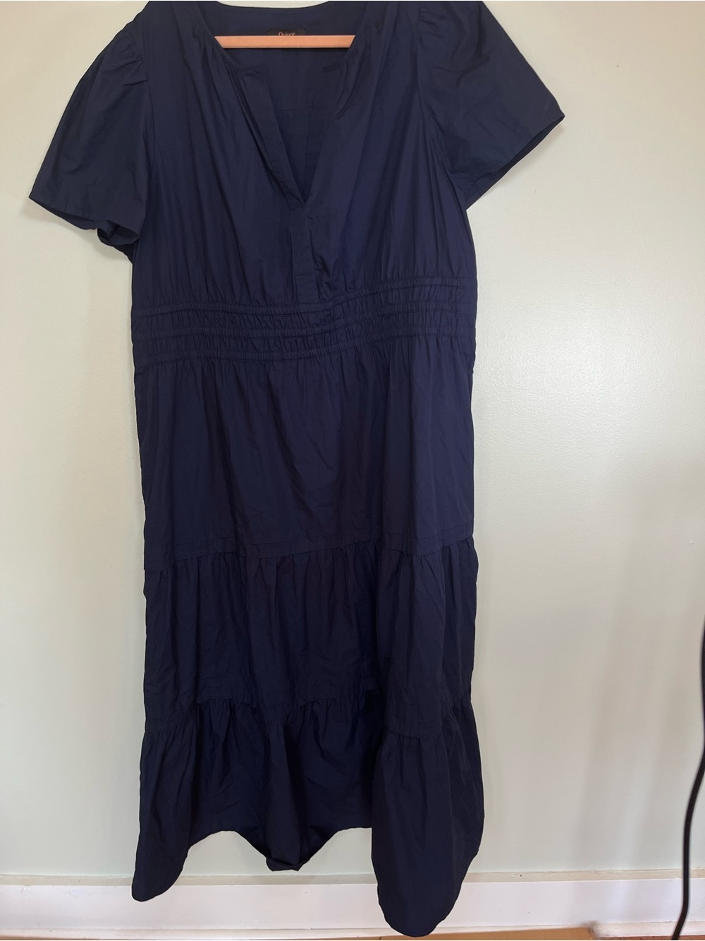 Quince Cotton Poplin Tiered Maxi Dress Navy Blue Smocked Boho Casual 2X